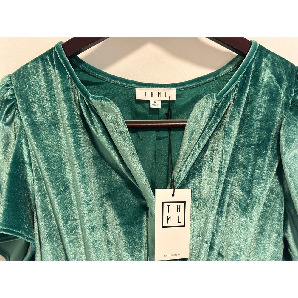 THML Velvet Maxi Dress Womens Medium Teal Green NWT Smocked Tiered Split‎ Neck - Picture 6 of 8